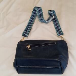 Women's Blue Faux Leather over the Shoulder Purse with Material Shoulder strap.